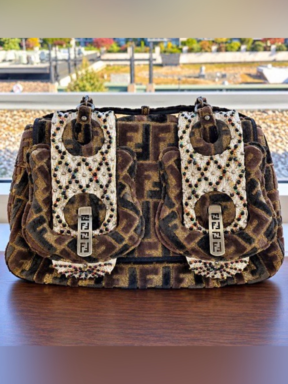 Brown Monogram Shoulder Bag with Crystal-Embellished Flap Details